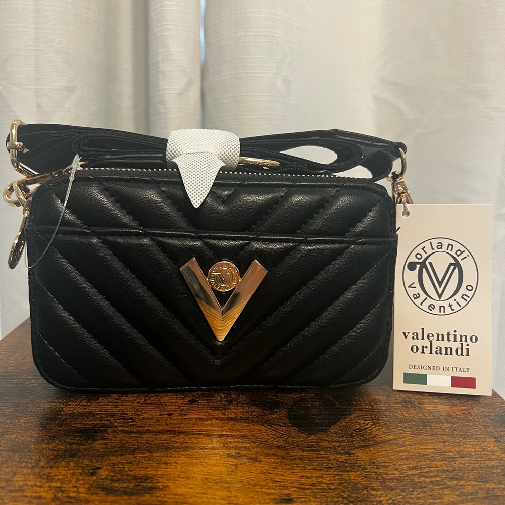 NWT Valentino Orlandi Black Leather Crossbody Bag